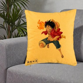 Perna Personalizata One Piece Luffy Gear Second Foc, 40x40 cm, Galben, Husa Detasabila, Perna Inclusa, BEKZ®