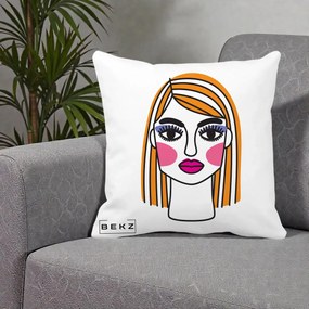 Perna Decorativa Portret Pop Art Fata, 40x40 cm, Alba Mata, Husa Detasabila, Perna Inclusa, BEKZ®