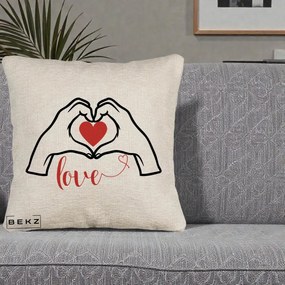 Perna Decorativa Love Maini Inima cu Inscriptie Love Rosu, 40x40 cm, Bej Canapea, Husa Detasabila, Perna Inclusa, BEKZ®