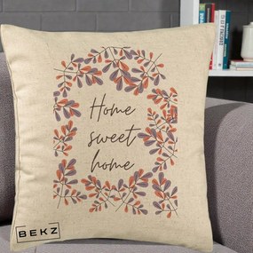 Perna Decorativa Home Sweet Home Frunze Colorate, 40x40 cm, Bej, Husa Detasabila, Perna Inclusa, BEKZ®