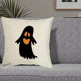 Perna Decorativa Halloween Fantoma Neagra cu Ochi Portocalii, 40x40 cm, Ecru, Husa Detasabila, Perna Inclusa, BEKZ®