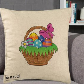 Perna Decorativa Cos cu Oua de Pasti Colorat, 40x40 cm, Bej, Husa Detasabila, Perna Inclusa, BEKZ®