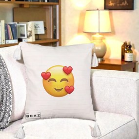 Perna Decorativa Emoji cu 3 Inimi, 40x40 cm, Bej cu Franjuri, Husa Detasabila, Perna Inclusa, BEKZ®