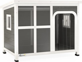 PawHut Căsuță pentru Câini cu Ferestre Laterale, Bază Detașabilă și Acoperiș Rabatabil, 90x62x71 cm, Gri Deschis | Aosom Romania