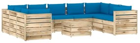 Set mobilier de gradina cu perne, 10 piese, lemn verde tratat light blue and brown, 10