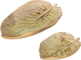Set 2 farfurii decorative din ceramică artizanală natur și verde, formă de frunză, 2 × 27 × 17 cm, „Nuance"
