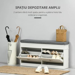 Banchetă-Pantofar HOMCOM din Lemn cu Spațiu de Depozitare, 104x24x55 cm, Design Modern, Alb | Aosom Romania