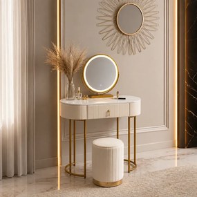 Set ASHLEY– Masă de Toaletă pentru Machiaj, Oglindă Iluminată LED, Control Touch, Sertar, Taburet, 80x40x76 cm, Bej/Auriu
