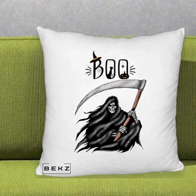 Perna Decorativa Halloween Boo Grim Reaper cu Coasa, 40x40 cm, Alb Pufos, Husa Detasabila, Perna Inclusa, BEKZ®