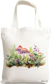 Sacosa de Panza pentru Cumparaturi, Geanta Tote Colorful Mushrooms 11, 38x34.5 cm, Alba, BEKZ®