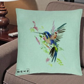 Perna Decorativa Colibri Acuarela, 40x40 cm, Verde Menta, Husa Detasabila, Perna Inclusa, BEKZ®