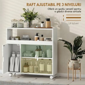 HOMCOM Dulap de Baie cu Roți, Raft Reglabil, Ușă Glisantă din Sticlă Călită, Alb | Aosom Romania