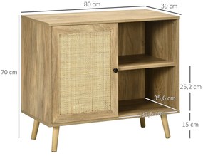 HOMCOM Bufet Mobilier Auxiliar de Bucătărie cu Ușă din Ratan și 2 Rafturi de Depozitare pentru Living 80x39x70 cm Natural | Aosom Romania