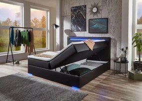 Boxspring 180x200 cm, lada de depozitare, saltele și topper inclus, material piele artificială, culoare neagră, cu LED-uri