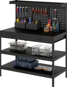 HOMCOM Banc de lucru cu rafturi reglabile, stație de lucru robustă cu panou perforat și 2 sertare, 122 x 61 x 156 cm, Negru | Aosom Romania