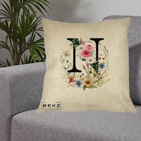 Cadou Personalizat - Perna Personalizata Monogram Litera N cu Flori Acuarela, 40x40 cm, Crem, Husa Detasabila, Perna Inclusa, BEKZ®