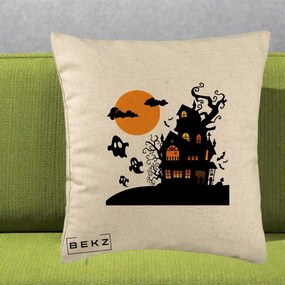 Perna Decorativa Halloween Casa Bantuita cu Fantome, 40x40 cm, Bej, Husa Detasabila, Perna Inclusa, BEKZ®