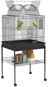 PawHut Cușcă pentru serinari &amp; papagali, mobilă, cu raft, grilaj din metal, negru | Aosom Romania