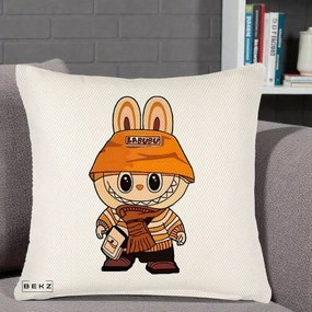 Perna Personalizata Labubu Streetwear Portocaliu, 40x40 cm, Crem Reliefat, Husa Detasabila, Perna Inclusa, BEKZ®