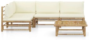 Set mobilier de gradina cu perne alb crem, 5 piese, bambus Crem, colt + 3x mijloc + masa, 1