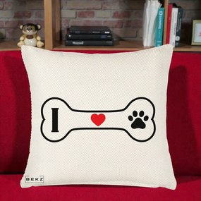 Perna Personalizata I Love Dog Os si Labuta, 40x40 cm, Crem Reliefat, Husa Detasabila, Perna Inclusa, BEKZ®