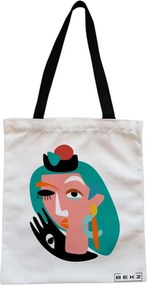 Sacosa de Panza pentru Cumparaturi, Geanta Tote, model Abstract face, Cu fermoar, 38x34.5 cm, Alba, BEKZ®