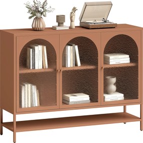 HOMCOM Bufet pentru living, mobilier de depozitare cu 3 uși vitrate arcuite și raft deschis, 140 x 40 x 105 cm, ruginiu | Aosom Romania