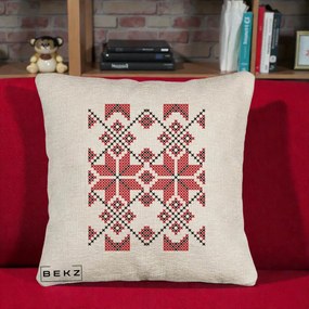 Perna Personalizata Motiv Traditional Cusatura Rosu-Negru, 40x40 cm, Bej Canapea, Husa Detasabila, Perna Inclusa, BEKZ®