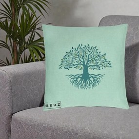 Perna Decorativa Copacul Vietii Teal cu Radacini, 40x40 cm, Verde Menta, Husa Detasabila, Perna Inclusa, BEKZ®