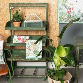 Etajeră vintage din metal cu 4 rafturi, verde antichizat, pe roți, „Greenhouse Charm”