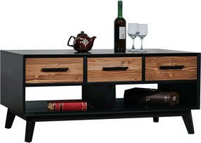Măsuță lemn masiv de cafea Timeless 3 Sertare 2 Nișe Negru, 110 × 62 × 48 cm