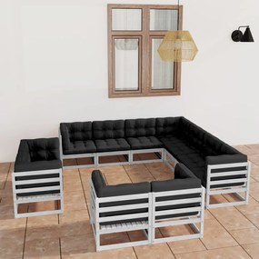 3076995 vidaXL Set mobilier grădină cu perne, 11 piese, alb, lemn masiv pin