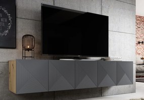 Comodă TV suspendată Asha 200 cm, partea frontală cu riflaj – stejar artisan / rivier stone mat