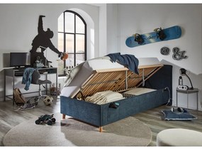 Pat pentru copii albastru închis tapițat cu spațiu de depozitare cu somieră 90x200 cm Fun – Meise Möbel