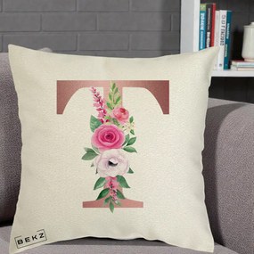 Cadou Personalizat - Perna Personalizata Monograma Rose Gold Litera T, 40x40 cm, Ecru, Husa Detasabila, Perna Inclusa, BEKZ®