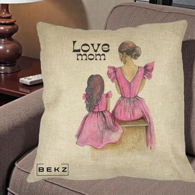 Cadou pentru Mama - Perna Personalizata Love Mom Rochii Roz, 40x40 cm, Crem, Husa Detasabila, Perna Inclusa, BEKZ®