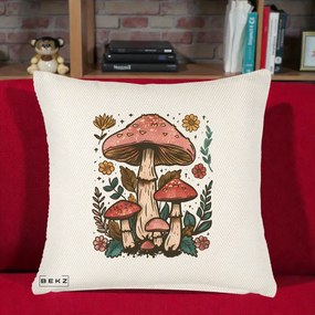 Perna Decorativa Ciuperci Vintage Floral, 40x40 cm, Crem Reliefat, Husa Detasabila, Perna Inclusa, BEKZ®