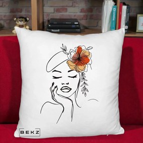 Perna Decorativa Portret Feminin Flori Palarie, 40x40 cm, Alb Pufos, Husa Detasabila, Perna Inclusa, BEKZ®