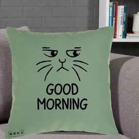 Perna Decorativa Pisica Morocanoasa Good Morning, 40x40 cm, Verde, Husa Detasabila, Perna Inclusa, BEKZ®