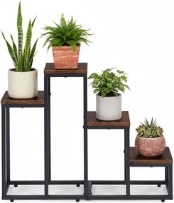 Suport pentru flori Loft - suport metalic pentru flori cu 4 rafturi și decor din lemn