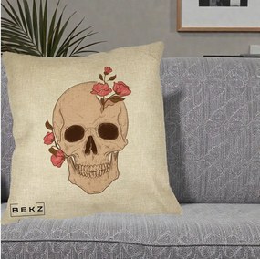 Perna Decorativa Craniu Floral Gothic, 40x40 cm, Crem, Husa Detasabila, Perna Inclusa, BEKZ®