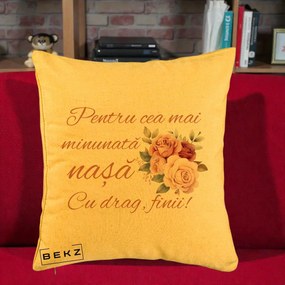 Cadou pentru Nasa - Perna Personalizata Pentru Cea mai Minunata Nasa Cu drag Finii, 40x40 cm, Galben, Husa Detasabila, Perna Inclusa, BEKZ®