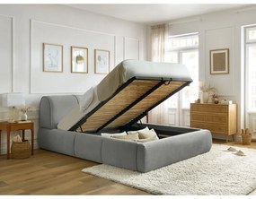 Pat matrimonial gri deschis tapițat cu spațiu de depozitare și somieră 160x200 cm Vernon – Bobochic Paris