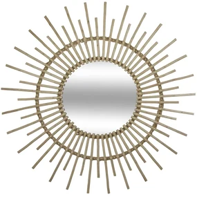 Oglinda de perete,rotunda, cadru din ratan, Ø 76 cm, Bej