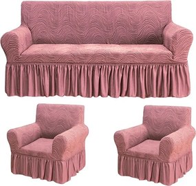 Set huse elastice pentru canapea 3 Locuri si 2 fotolii, cu volanas, model Jacquard Roz in dungi