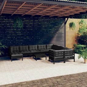 3097041 vidaXL Set mobilier grădină cu perne, 11 piese, negru, lemn de pin