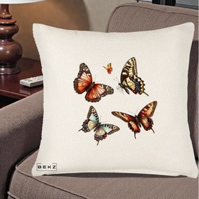 Perna Decorativa Colectie Fluturi Multicolori, 40x40 cm, Crem Reliefat, Husa Detasabila, Perna Inclusa, BEKZ®