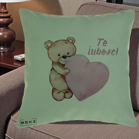 Cadou Romantic - Perna Personalizata Te Iubesc Ursulet cu Inima Roz Acuarela, 40x40 cm, Verde, Husa Detasabila, Perna Inclusa, BEKZ®