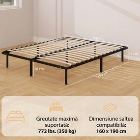 HOMCOM Pat Matrimonial Industrial cu 28 de Doghe și Spațiu de Depozitare, din Lemn și Oțel, 190x160x31 cm, Negru și Lemn | Aosom Romania
