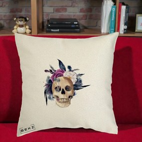 Perna Decorativa Craniu Floral cu Trandafiri si Ciuperci, 40x40 cm, Ecru, Husa Detasabila, Perna Inclusa, BEKZ®